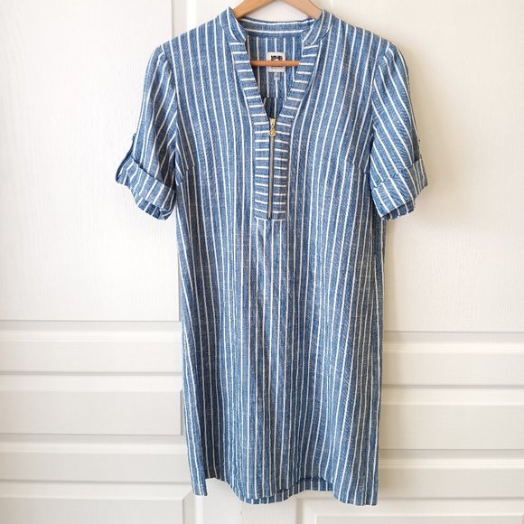 Anne Klein Dresses & Skirts - Anne Klein Women's Navy/White Stripe V-Neck Roll Tab Shift Dress Size 4